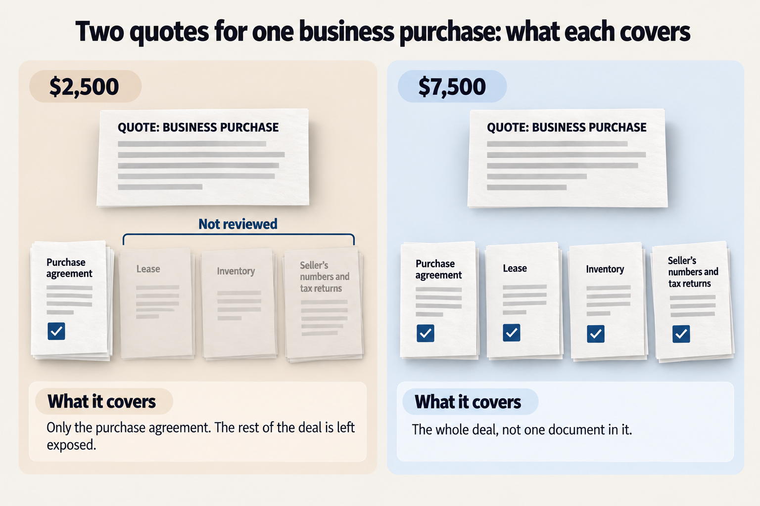 Two quotes for one business purchase, what each covers: the $2,500 quote reviews only the purchase agreement and leaves the lease, the inventory and the seller's numbers and tax returns unreviewed; the $7,500 quote covers the whole deal, not one document in it