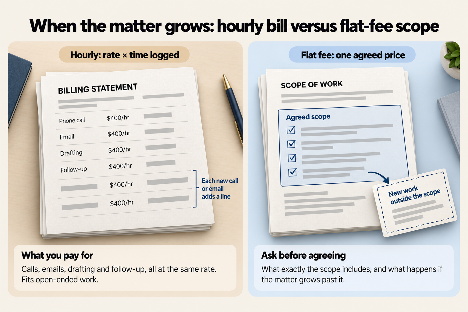 When the matter grows, hourly bill versus flat-fee scope: an hourly bill is the rate times the time logged, so calls, emails, drafting and follow-up are all billed at the same rate and each new call or email adds a line, which fits open-ended work; a flat fee is one agreed price for an agreed scope, so ask what exactly the scope includes and what happens if the matter grows past it