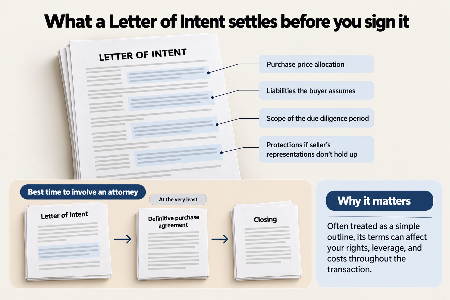 What a Letter of Intent settles before you sign it: purchase price allocation, the liabilities the buyer assumes, the scope of the due diligence period, and protections if the seller's representations don't hold up; the best time to involve an attorney is at the Letter of Intent, and at the very least before the definitive purchase agreement, ahead of closing